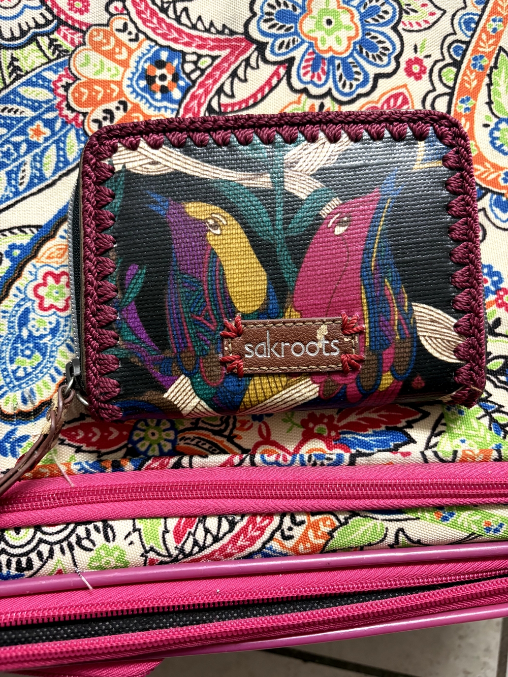 Sakroots Zip Around Wallet with Multicolor Bird Print and Berry Trim